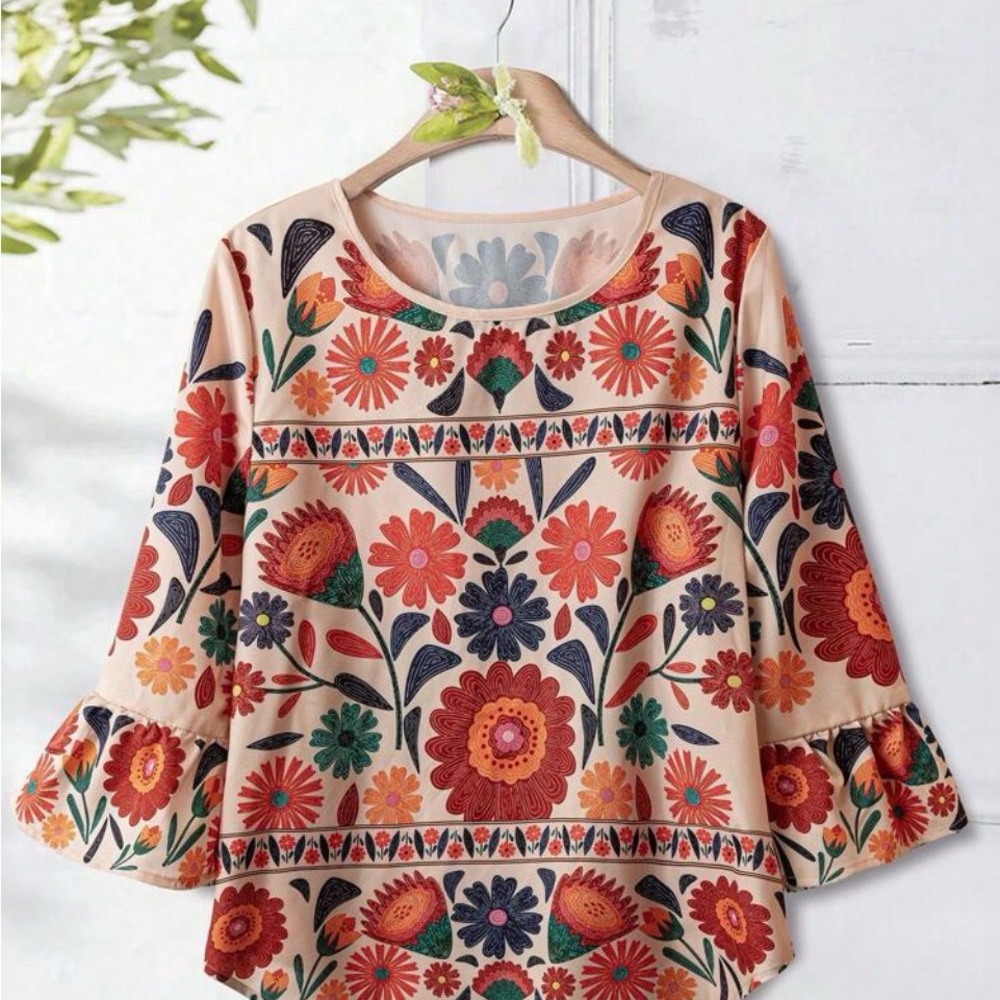 Floral Feminine Top Ruffle Flounce Sleeve